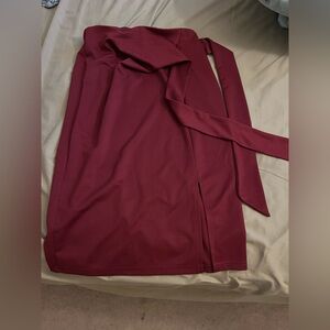 Kate Kasin Burgundy Front Tie Wrap Pencil Skirt, Women’s Small